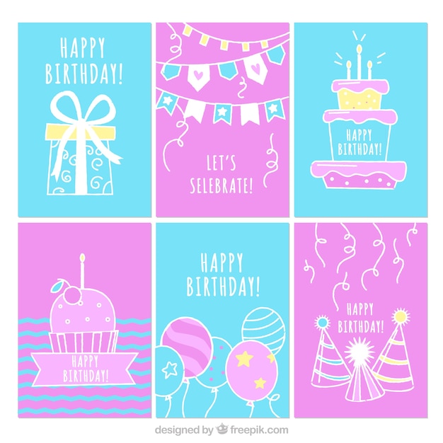 Collection of six hand drawn birthday cards