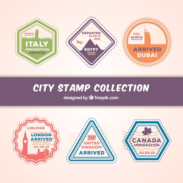 Free vector collection of six modern stamps with monuments