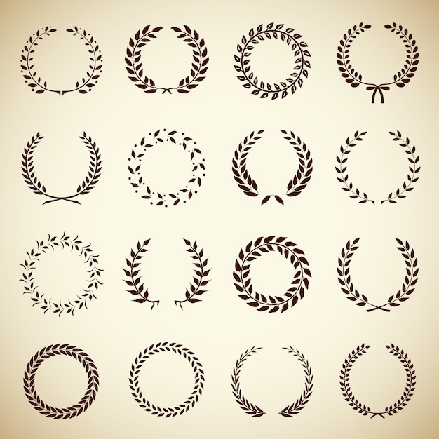 Free vector collection of sixteen circular vintage laurel wreaths for use as design elements in heraldry  on an award certificate  manuscript and to symbolise victory  vector illustration in silhouette