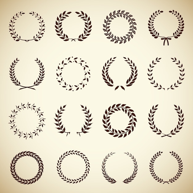 Collection of sixteen circular vintage laurel wreaths for use as design elements in heraldry  on an award certificate  manuscript and to symbolise victory  vector illustration in silhouette