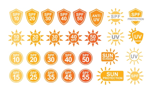 Collection of spf and uv sun protection labels or signs isolated on white background. colorful creative vector illustration in simple flat style for sunscreen and tan products or skin cosmetics
