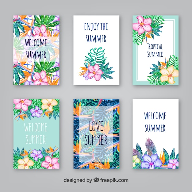 Collection of summer cards with watercolor flowers