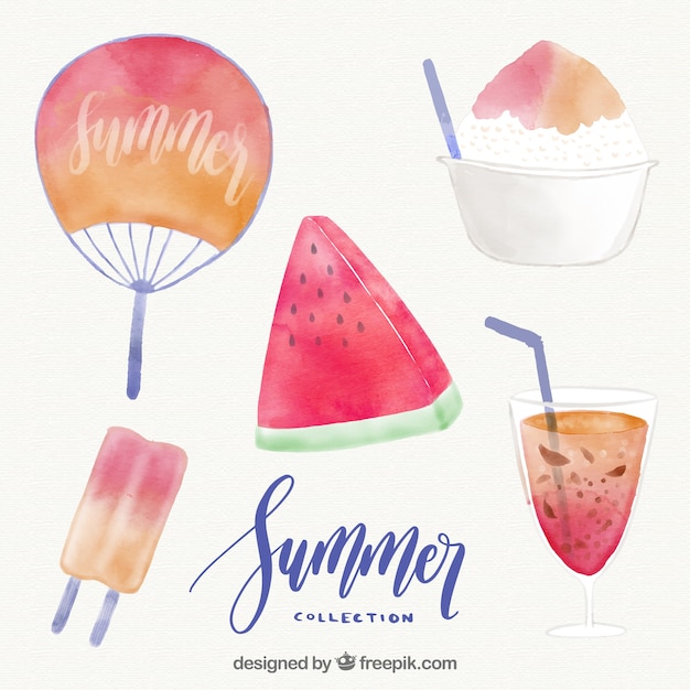 Free vector collection of summer elements painted with watercolor