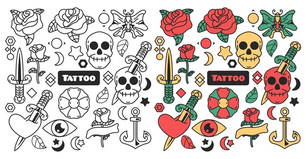 Коллекция цветных татуировок и монохромных рисунков, набор татуировок