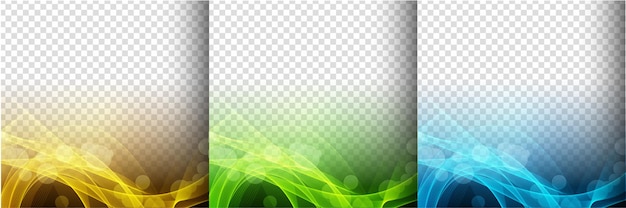 Collection of three colorful glowing wave transparent background vector