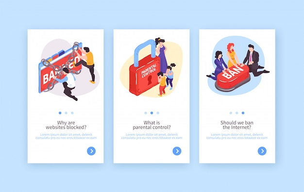 Collection of three isometric banned website vertical banners with conceptual images and editable text with buttons vector illustration