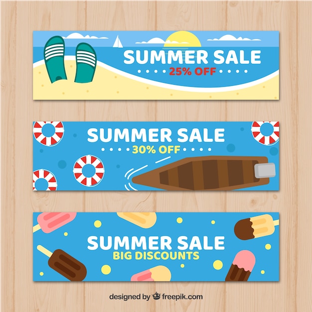 Raccolta di tre banner di vendita estivi