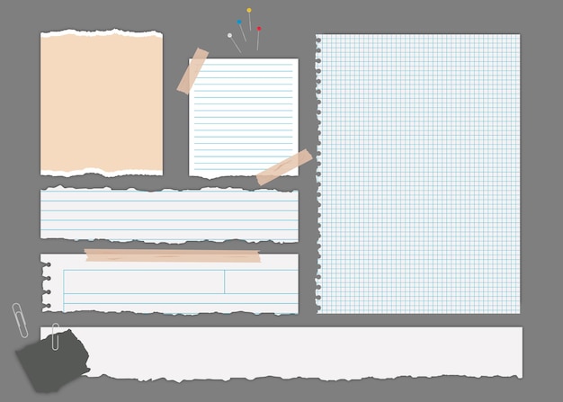 Collection of torn papers with stationery elements