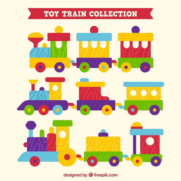 Коллекция игрушечных поездов в плоском дизайне