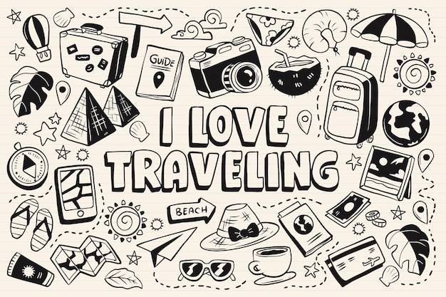 Free vector collection of travel monochromatic doodles