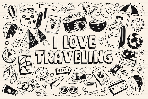 Collection of travel monochromatic doodles