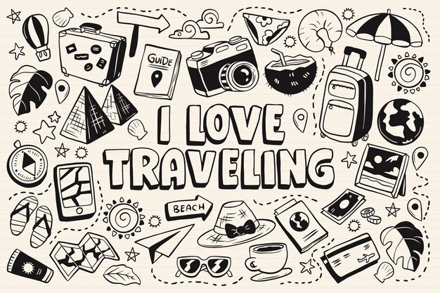 Collection of travel monochromatic doodles