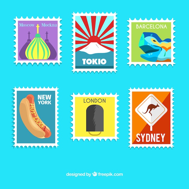 Коллекция туристических марок в ярком дизайне