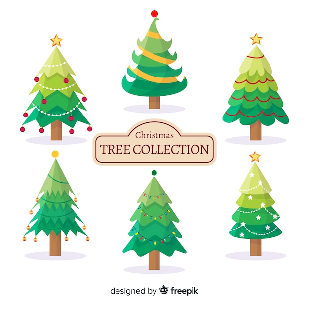 Collection of various christmas trees in flat design