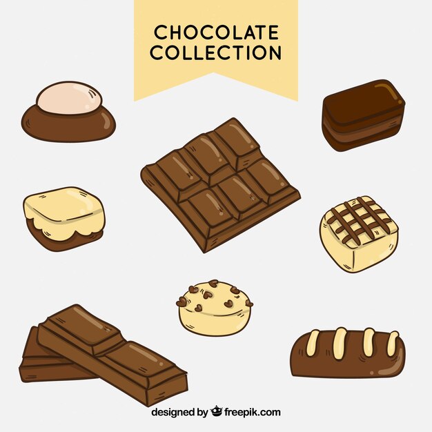 Collection of various hand drawn chocolate bars and pieces
