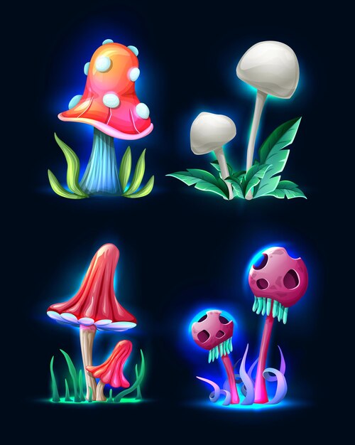 흰색 절연 어둠 속에서 빛나는 벡터 만화 스타일 마법의 판타지 버섯의 컬렉션