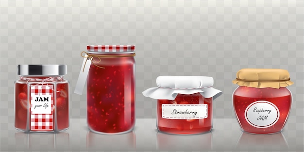 Collection of vector glass jars with jam in a realistic style