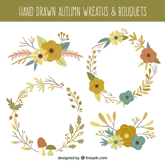 Collection of vintage autumn wreaths and bouquets
