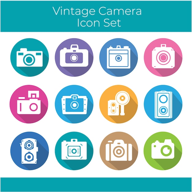 Collection of vintage camera inside colored circles
