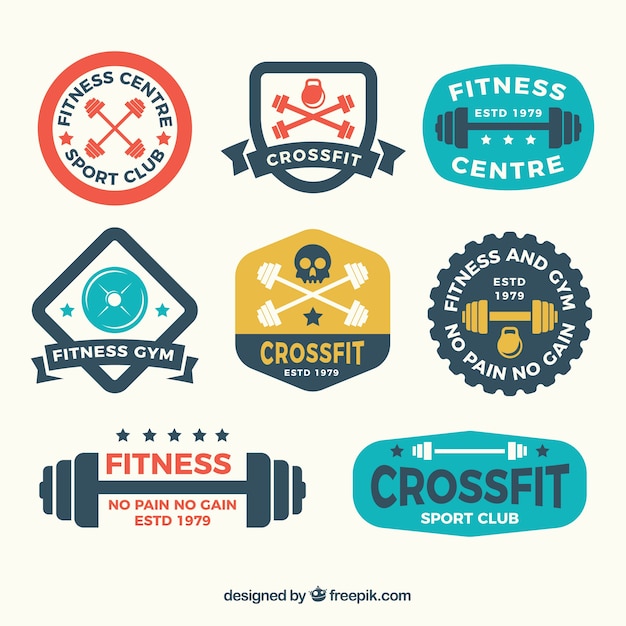 Collection of vintage crossfit stickers in flat design