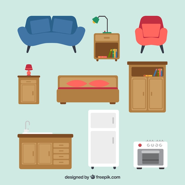 Collection of vintage furniture and appliances in flat design