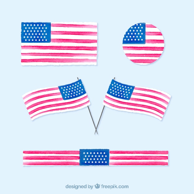 Коллекция акварели американских флагов с разнообразием рисунков