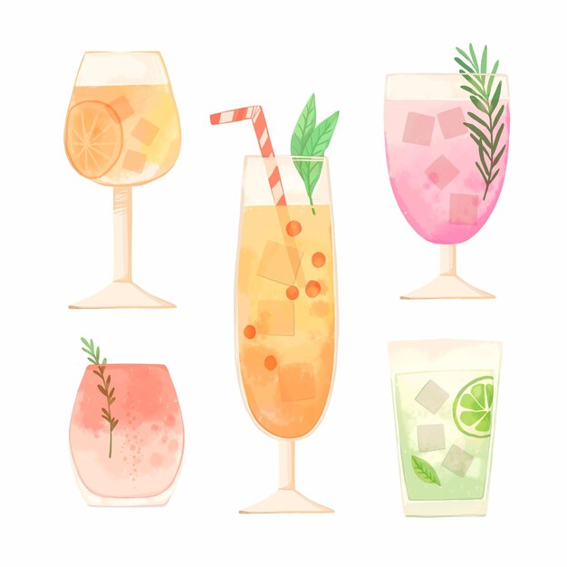 Collection of watercolor cocktails in glasses