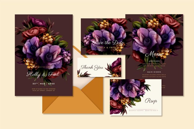 Collection of watercolor dramatic botanical wedding stationery