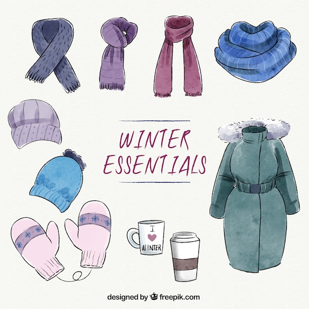 Free vector collection of watercolor essential winter clothes