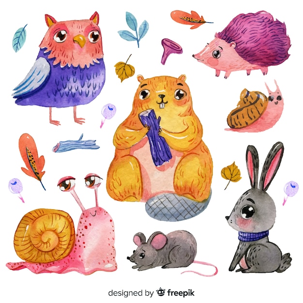 Collection of watercolor forest animals