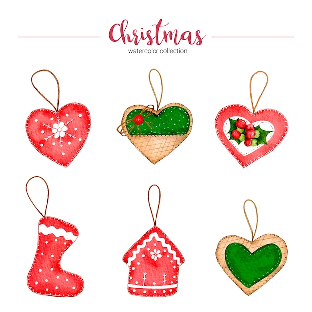 Collection of watercolor illustration of Christmas decorations