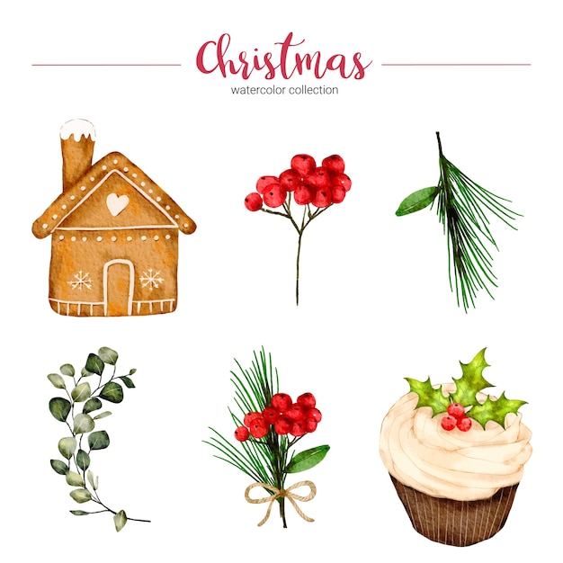 Collection of watercolor illustration of christmas decorations