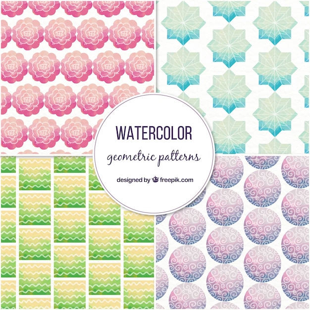 Collection of watercolor patterns with geometric shapes