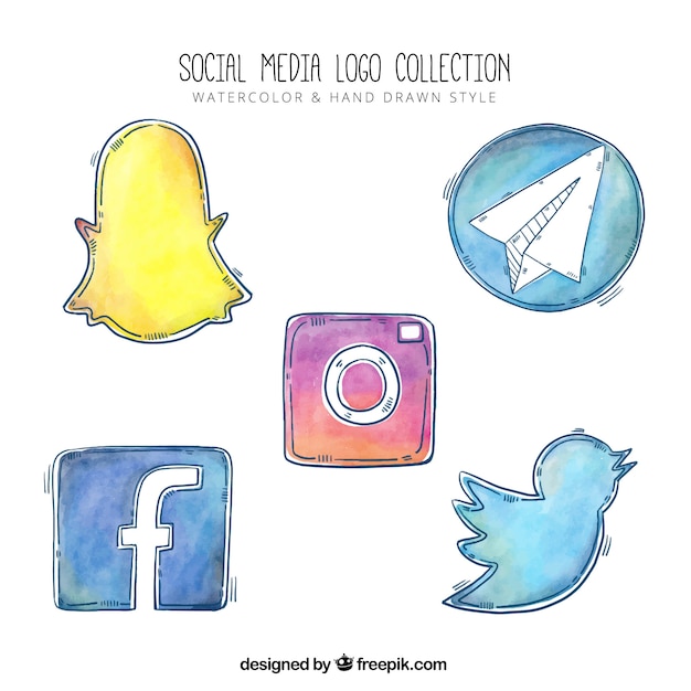 Collection of watercolor social network logos