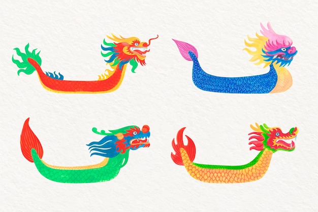 Collection of watercolour dragon boats on water