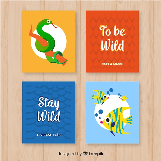 Collection of wild animal card flat design