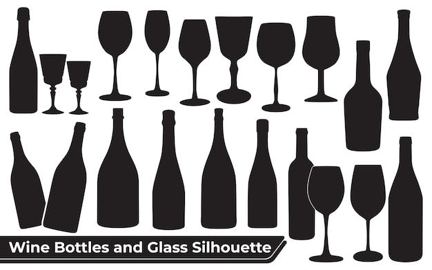Collection of wine bottles and glass silhouette vector