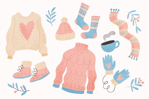 Free vector collection of winter clothes in watercolor