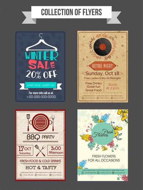  Collection of Winter Sale, Retro Night Music Party, Barbeque Party and Fresh Flowers flyers or templates design