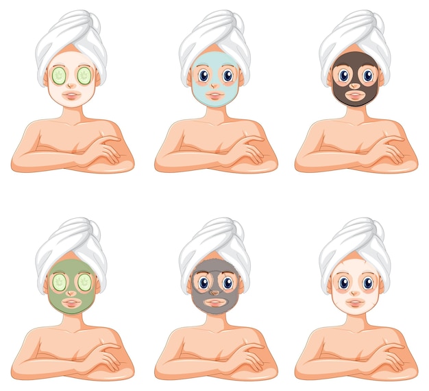 Free vector collection of women relaxing with a face mask treatment