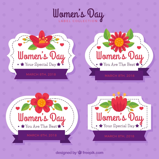 Free vector collection of women's day badges with red flowers