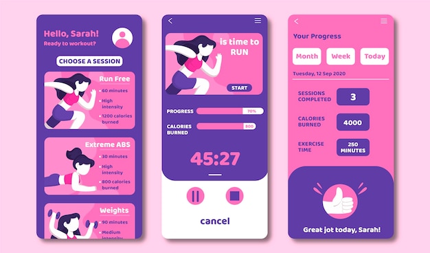 Collection of workout tracker app screens