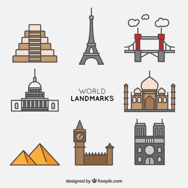 collection of world landmark with outline