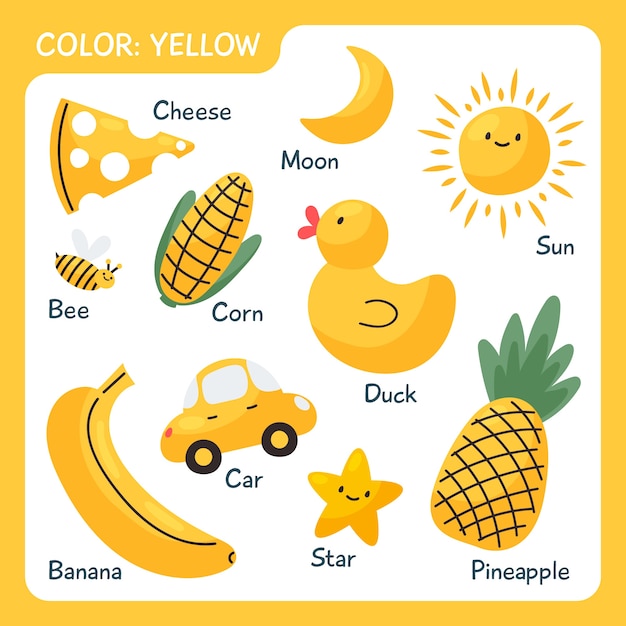 Free vector collection of yellow objects and vocabulary words in english