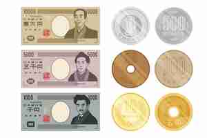 Free vector collection of yen banknotes and coins