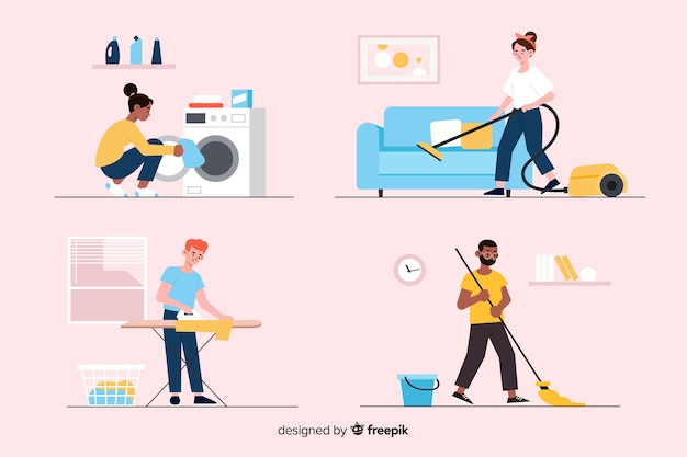 Collection of young people cleaning the house