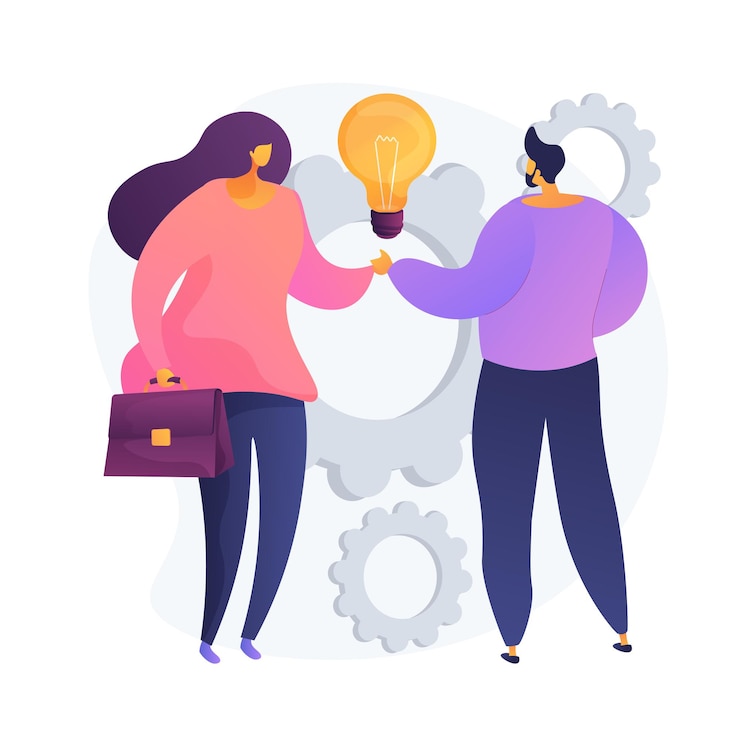 Free Vector collective creativity. coworkers shaking hands. partnership work, colleagues collaboration, business deal. creative thinking, experience exchange. vector isolated concept metaphor illustration