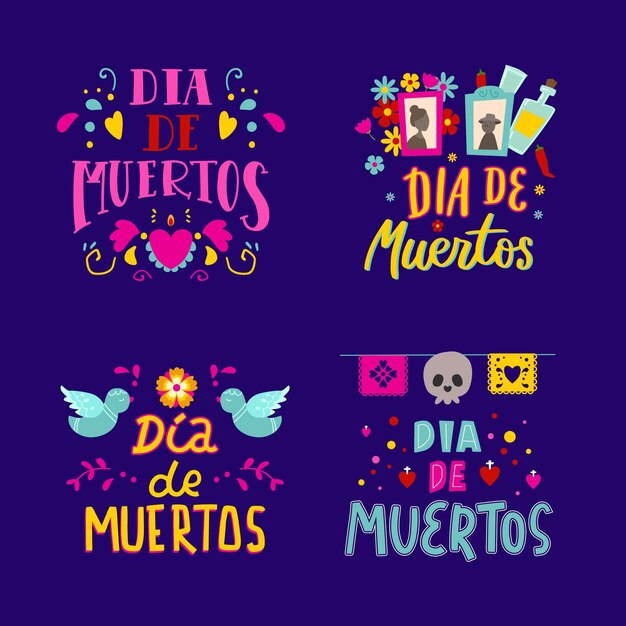 Collecton of dia de muertos badge in flat design