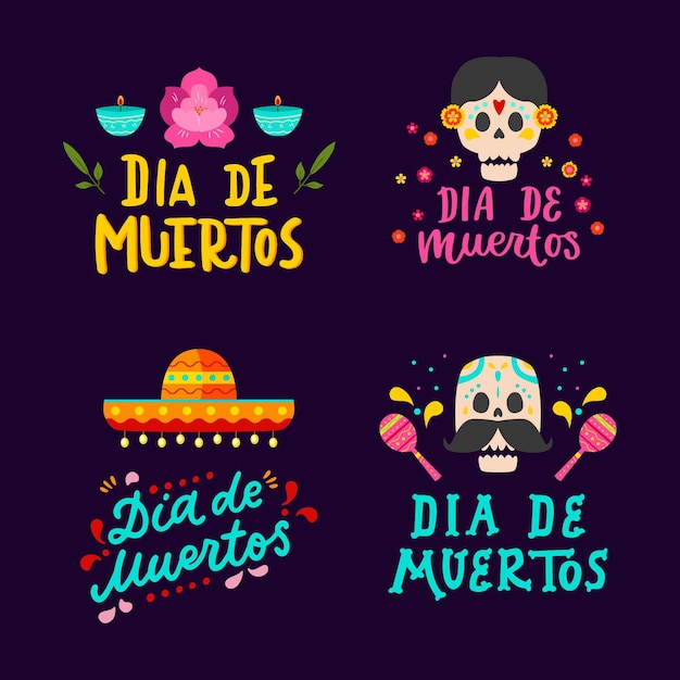 Collecton of dia de muertos label in flat design