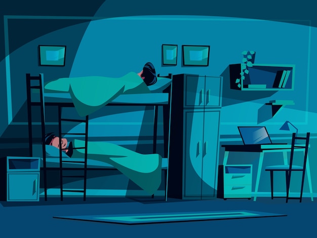 College dormitory illustration of classmates sleeping on bunk bed at night. 